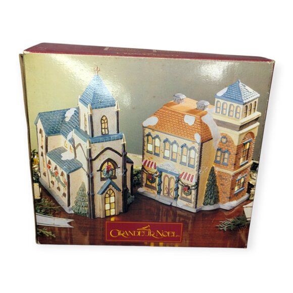 Grandeur Noel 2 Piece Porcelain Set Church & Library Christmas Village - Picture 1 of 16